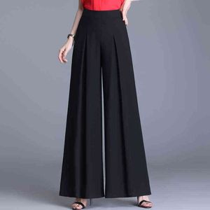 Taille haute en mousseline de soie pantalon à jambes larges femmes été coréen plissé solide lâche noir pantalons longs 211124