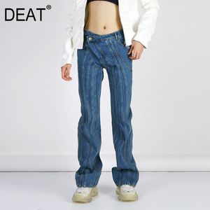 Pantalon en denim taille haute Flare Botton Fermetures à glissière à rayures Slim Spring et Automne Jeans Femme Mode WO52005L 210421