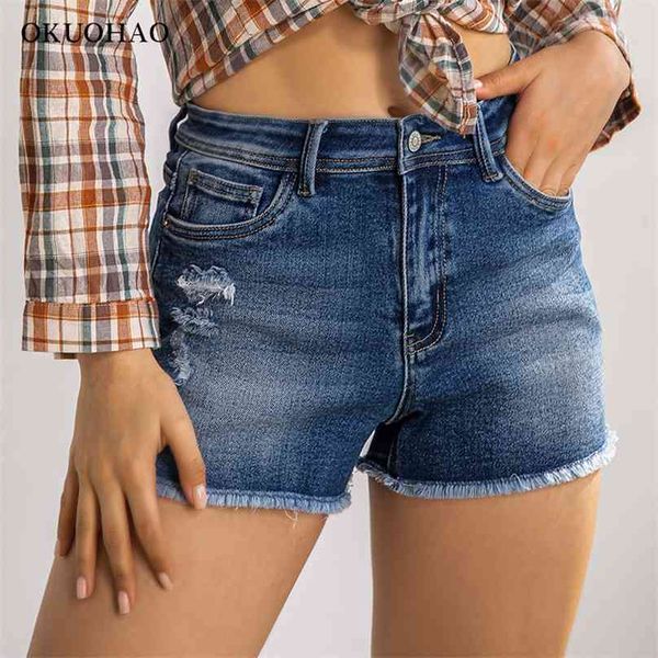 Pantalones cortos de mezclilla de cintura alta para mujer verano azul rasgado elástico Jean corto flaco Casual mujer lavado cómodo 210719