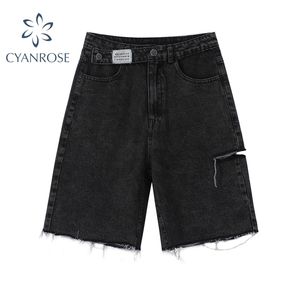Hoge taille denim shorts vrouwen mode casual harajuku brede benen gescheurd jeans korte gewassen vrouwelijke zomer katoen 210719