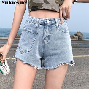 Hoge taille denim shorts dames zomer plus size pocket pocket kwast gat gescheurde jeans korte vrouwelijke femme lichte blauwhot broek 210412