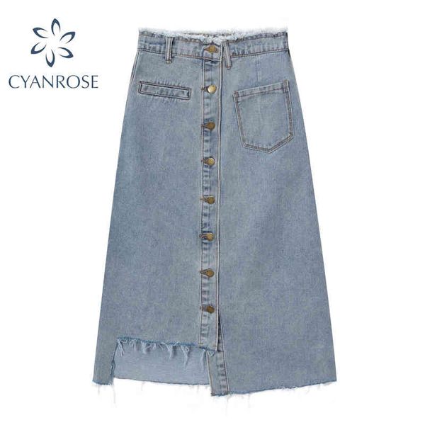 Taille haute Denim jupe femmes automne mode élégant décontracté simple boutonnage poche a-ligne mince mi-long Jean jupes femme 210417