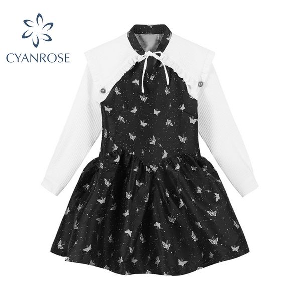 Taille haute col de poupée épissage dessin animé impression à manches longues femmes robes été mode douce belle mini robe femme 210417