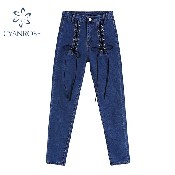 Traitement haute Traitement de lacets de lacets de lacets design Denim Pantalons Femmes Blueblack Vintage E-fille Crayon Jeans Pantalons Pantalons Skinny Slim Sexy SS Pant 210417