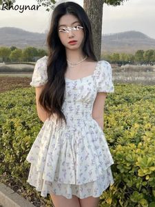 Hoge taille jurk vrouwen zomer bloemen zoet vierkante kraag puff puff mouw prinses meisjesachtige tedere elegante Koreaanse stijl preppy chic 240425