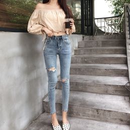 Taille haute élastique jean moulant Femme trou déchiré Denim crayon jean Femme bleu clair Vintage bas Femme Chic 2022