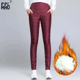 Pantalones de invierno calientes elásticos de la cintura alta 4xl delgada pantalones de los pantalones mujeres nieve nieve vino rojo al aire libre pantalones de chándal