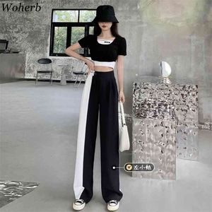 Hoge taille elegante wijde beenbroek vrouwen contrast kleur bodems patchwork casual broek Koreaans rechte pantalon 210519