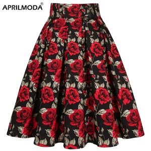 Faldas plisadas de rockabilly floral de cintura alta, flores de rosa roja de verano, boho vintage falda midi talla 3xl ropa 220322