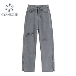 Hoge Taille Grijze Gescheurde Jeans Vrouwen Streetwear Baggy Harajuku Wijde Pijpen Vrouwelijke Broek Vintage Rechte Lange Broek 210708