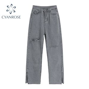 Hoge taille grijs gescheurde jeans vrouwen streetwear baggy harajuku wide poot vrouwelijke broek vintage rechte lange broek 210708