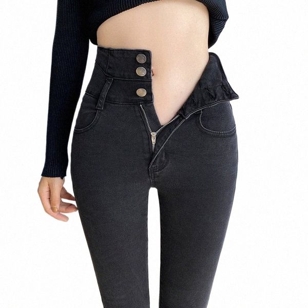 Taille haute Jeans Femmes Pieds Pantalon Printemps Automne Noir Gris Coréen Fi Stretch Slim Skinny Crayon Denim Pantalon Femme J3y9 #