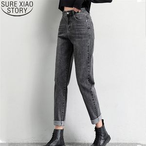 Taille haute Jeans Femmes Vintage Grey Automne Pantalon De Mode Lâche Denim Poches Bouton Pantalons Harem 10594 210506