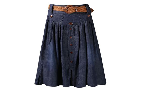 Faldas largas de cintura alta Falda de jeans maxi con cinturón de mezclilla plisada de mezclilla botón Gran tamaño S M L XL XXL 3XL 4XL 5XL 6XL 20182050080