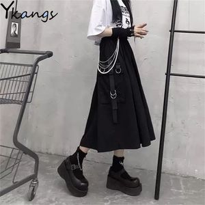 Hoge taille losse A-lijn Cargo Skiets ketting Zijring Pocket Midi lange zwarte rok Koreaanse hiphop streetwear Harajuku Oversize 210401