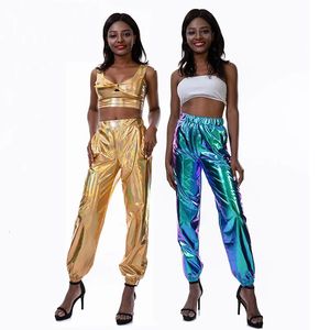 Taille haute métallique brillant Jogger décontracté holographique couleur Streetwear pantalon femmes mode lisse réfléchissant pantalon Hip Hop 240201