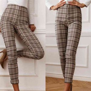 Hoge Taille Plaid Broek Dames Dames Skinny Broek Vintage Lange Elegante Slim Ol Rits Potlood Pantalon D30 210915