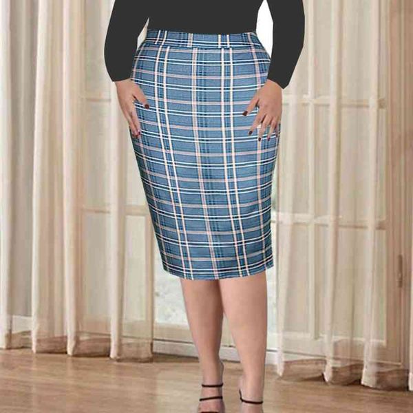 Taille haute Plaid Jupes Plus La Taille 4XL 5XL Femmes D'été De Mode Au Genou Longueur Crayon Serré Dames Élégantes Bureau Party Club Jupes 210527