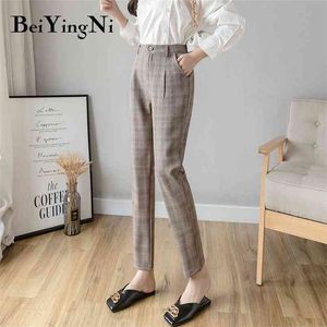 Hoge taille plaid pak broek dames mode vintage harem vrouwelijke zakken losse casual broek harajuku 210506