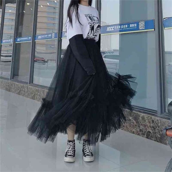 Falda larga plisada de cintura alta para mujer hasta el tobillo Vintage tul adulto s mujer negro elástico hinchado s 210421