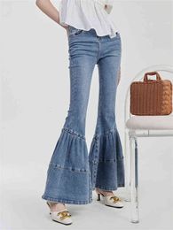 Hoge taille plooien Ruches grote flare jeans lente zomer nieuwe eenvoudige stijl slanke fit casual rechte broek vrouwelijke bell bottoms l220726