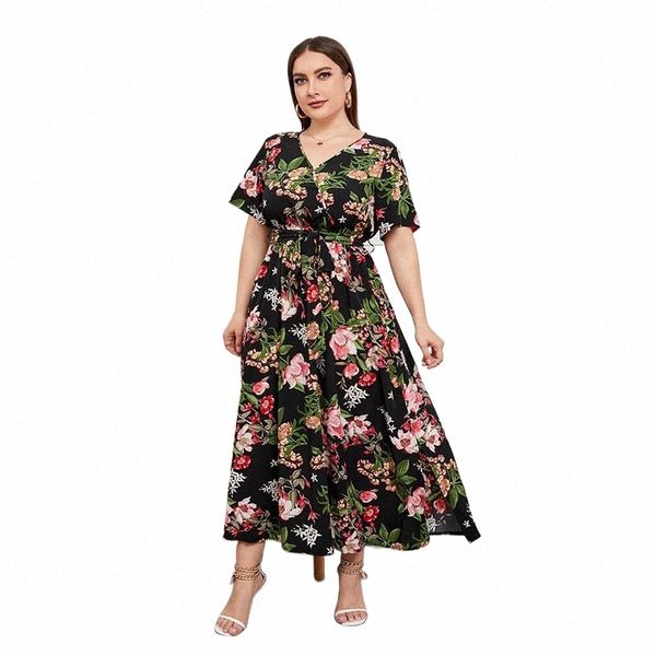 Taille haute Plus Taille Dres Femmes Col V Mi-Longueur Dr Élégant Imprimé Fi Casual Bureau Lady Printemps Été Streetwear w6ox #