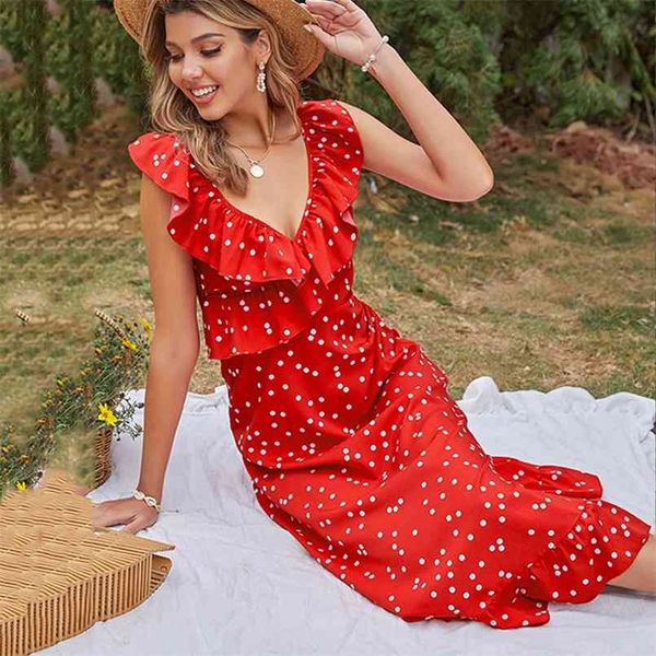 Vestido de playa con volantes rojos estampado de cintura alta ajustado con lunares y cuello en V sin mangas bohemio para mujer verano maxi vestido 210508