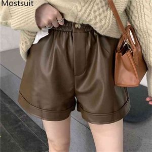 Taille haute Pu Cuir Femmes Shorts Élastique Jambe Large Solide Lâche Mode Dames 210513