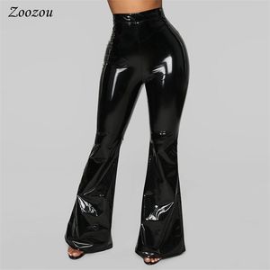 Hoge taille PU-patent lederen flare broek vrouwen skinny zwart sexy slanke latex broek casual faux wide poot custom 210915