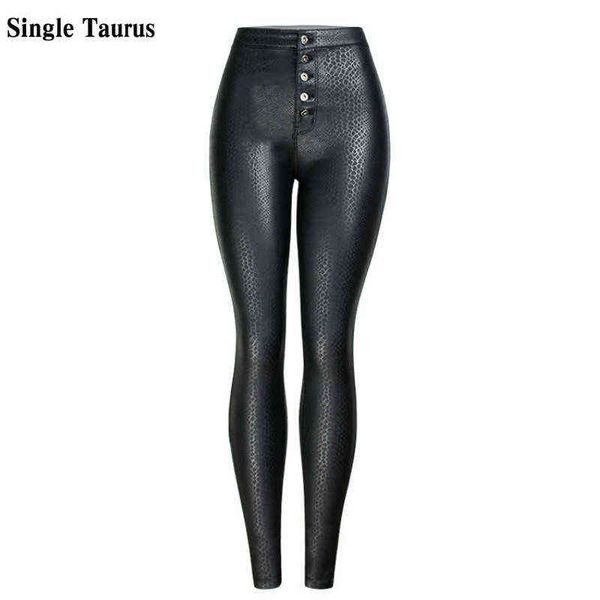 Taille haute PU peau de serpent pantalon noir femmes bouton mouche pantalon maigre femme automne hiver plus velours revêtement en cuir leggings 211124