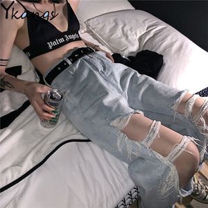 Taille haute déchiré jean pour femmes ample mince denim pantalon culotte salopette 2020 Vintage femme déchiré pantalon streetwear 220402