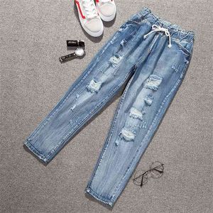 Hoge taille gescheurde jeans vrouwen broek harem plus size drawsring enkel lengte elastische slanke mode mujer pantalon 210708
