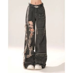 Hoge taille gescheurde dames zwarte jeans hiphopstijl mode vintage streetwear y2k wide been jean broeker baggy denim broek 240523