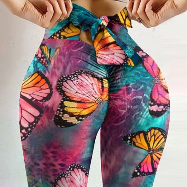 Leggings sexis de cintura alta con lazo, pantalones de Yoga con estampado de mariposas, medias de vendaje con lazo para mujer, ejercicio de realce, Fitness, Yoga