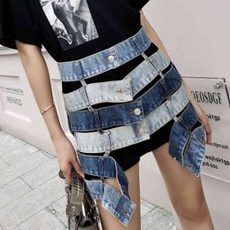 Hoge taille sexy holle hit kleur patchwork denim rok Europese Amerikaanse stijl vrouw rokken mode chic button ontwerp jupe 210524