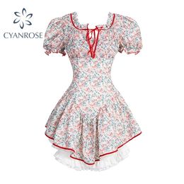 Hoge taille korte mouwen splitsen vrouwen jurken zomer court stijl vintage elegante vierkante kraag bloem gedrukte dame jurk 210515