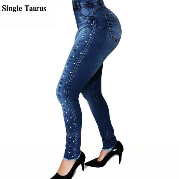 Bâtière latérale haute taille brodée éclates diamant push up skinny jeans femmes élasticité streetwear vêtements denim pantalon 210708