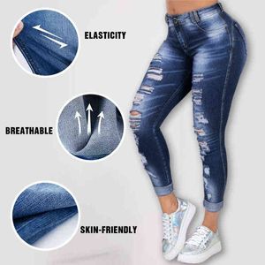Taille haute Skinny Ripped Jeans Pour Femmes Stretch Trou Crayon Pantalon Blanchi Denim Coréen Pantalon Décontracté S-5XL Noir 211129