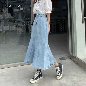 Hoge taille slanke eenvoudige blauwe denim lange rok sexy gespleten onregelmatige vrouwen fishtail jean rok lente herfst Koreaanse ruche 210619