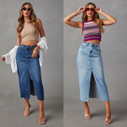 Taille haute fente lavé Denim jupe mi-longue pour les femmes élégant taille haute jambe large femmes jean rue déchiré grande taille Denim pantalon pantalon