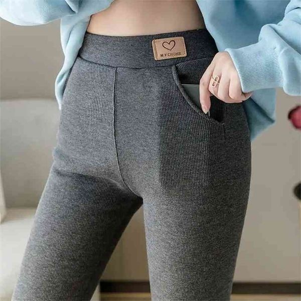 Taille haute Soft Winter Pocket Leggings pour femmes Polaire Pantalon épais Velours Thermique Gris Femme Chaud 210925