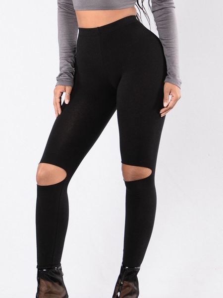 Taille haute sport Leggings Sexy femmes trou de gymnastique déchiré solide noir pantalons de Yoga en cours d'exécution entraînement Fitness collants vêtements de sport Leggins