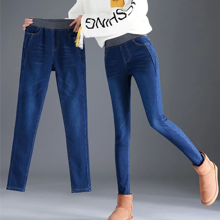 Jeans de lápis altos jeans Mulheres clássicas calças de tornozelo de tamanho grande 90 kg calças de jeans skinny