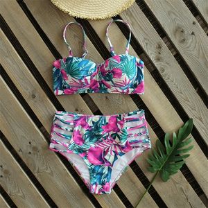 Taille haute maillots de bain femmes maillot de bain Bikini Bandage Bikinis Set maillot de bain rembourré New Leaf Print Biquini Maillot de bain T200508