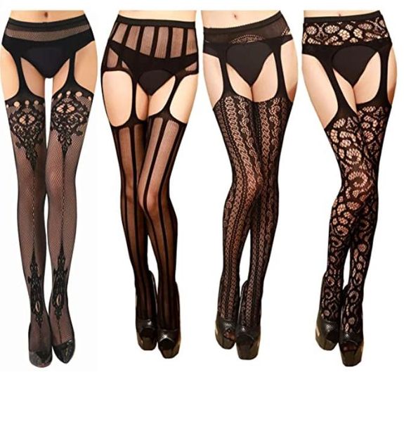 Collants taille haute bas résille maille dentelle transparente haut jarretière cuisse bas Sexy jarretelles collants noir