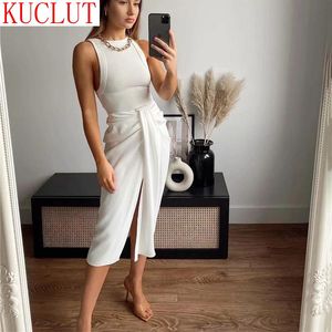 Hoge taille twist split chique ontwerp Franse hof vintage elegante sexy vrouwen geplooide solide rok Midi-lengte 2021 kantoor dame slanke rokken