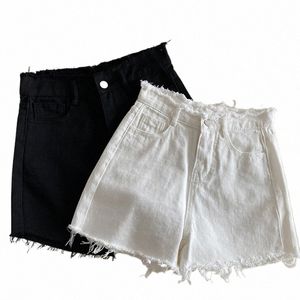 Taille haute Short blanc pour femmes solide lâche doux effiloché été court Denim pantalon femme polyvalent trajet noir Jean pantalon O5h5 #