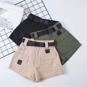 Hoge taille wijd been vracht dames shorts shorts vintage sjerpen solide kaki pocket dames zomer mode casual kleding 210714