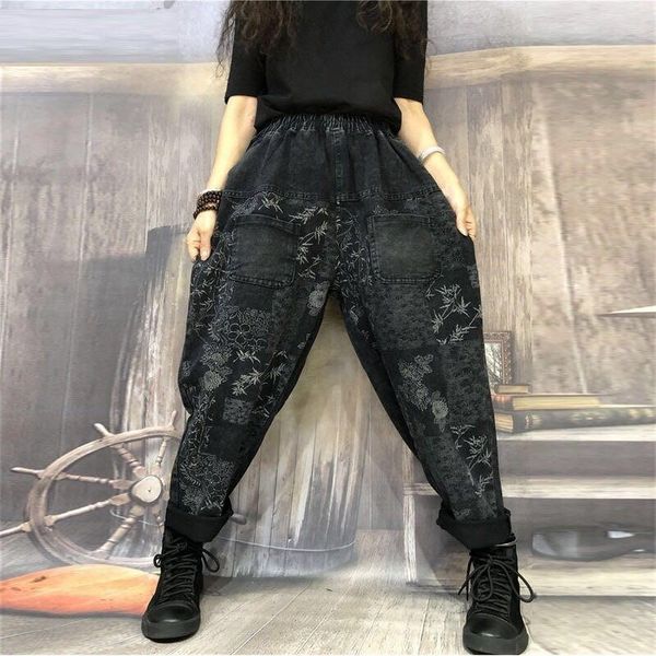 Taille haute Femmes Jeans Nouveau Automne Mode Streetwear Vintage Imprimer Noir Harem Pantalon Femme Lâche Casual Denim Pantalon P1404 210412