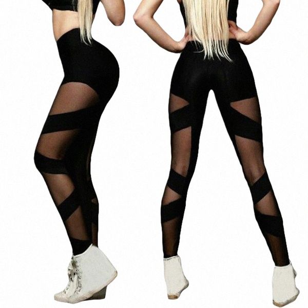 Taille haute Femmes Leggings Mesh Couture Cross Sports Pantalons Sexy See-Through Mesh Yoga Pantalon Haute Danse Élastique Pantalon Discothèque 32MX #